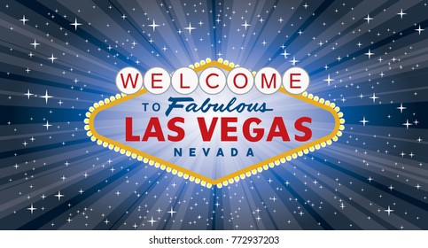 vector transparent sign of las vegas with stars and burst on night blue background, layered and fully editable