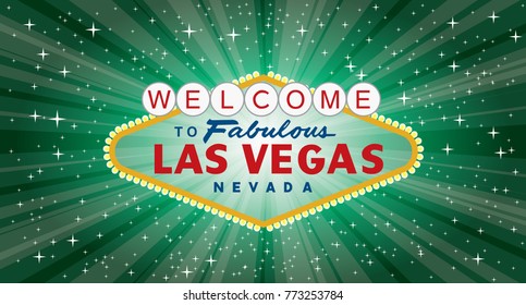 vector transparent sign of Las Vegas with stars and burst on night green background, layered and fully editable