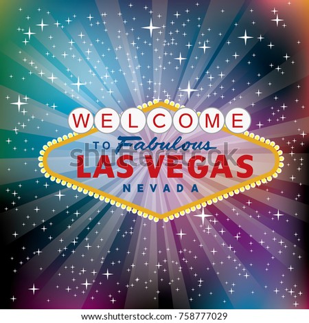 vector transparent sign of las vegas with stars and burst on purple colors blurry background, layered and fully editable