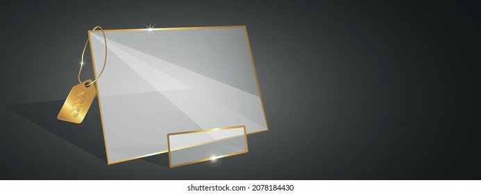 Elemento de panel transparente del vector. Cartel de la pancarta de vidrio 3D realista Vector con diseño de marco dorado. Plantilla vacía para diseño gráfico. Plantilla de banner de concepto de compras y ventas. 