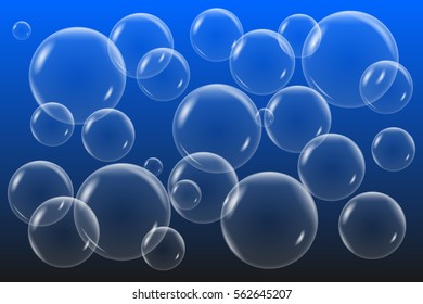 Vector transparent soap bubbles set. Bubbles on dark blue gradient background