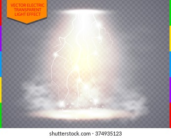 Vector transparent spotlight scene with lightning and fog or smoke background. Abstract light effect design for presentation energy, power or charge product