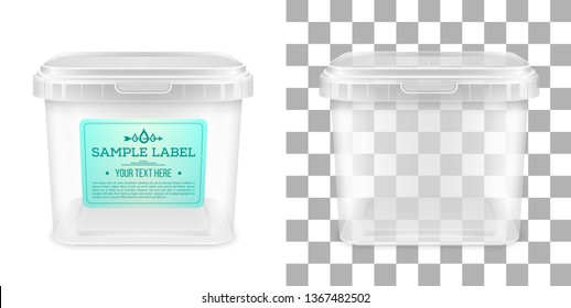 Vector Transparent Square Empty Plastic Bucket With Label For Storage Of Foodstuff, Butter Or Ice Cream. Front View. Packaging Mockup Illustration.