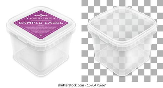 Vector Transparent Square Empty Plastic Bucket With Label For Storage Of Foodstuff Or Paint. Top View From The Corner. Packaging Mockup Illustration.