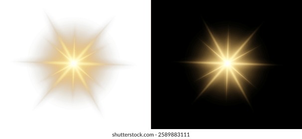 Vector transparent star with lens flare effect. Overlays, light, Sun, star, sunrays, overlays, light transitions, lens flare, light leaks and glare in PNG format. PNG sunlight flare light.