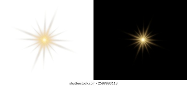 Vector transparent star with lens flare effect. Overlays, light, Sun, star, sunrays, overlays, light transitions, lens flare, light leaks and glare in PNG format. PNG sunlight flare light.