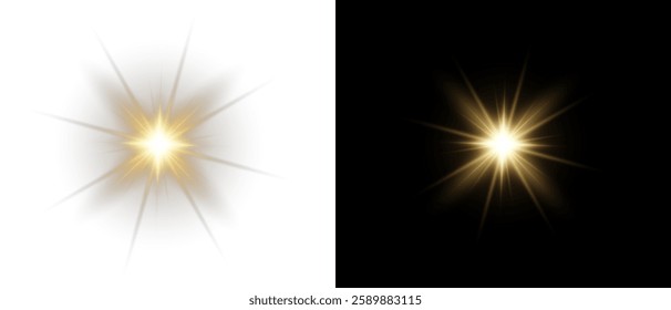 Vector transparent star with lens flare effect. Overlays, light, Sun, star, sunrays, overlays, light transitions, lens flare, light leaks and glare in PNG format. PNG sunlight flare light.