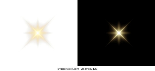 Vector transparent star with lens flare effect. Overlays, light, Sun, star, sunrays, overlays, light transitions, lens flare, light leaks and glare in PNG format. PNG sunlight flare light.