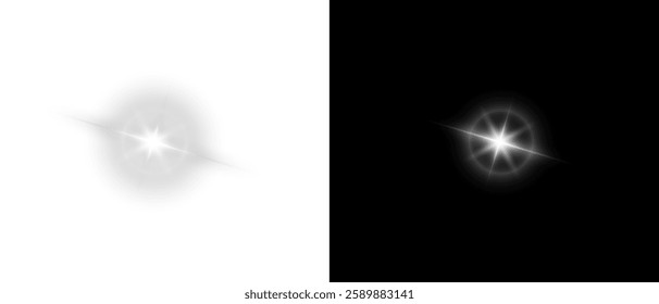 Vector transparent star with lens flare effect. Overlays, light, Sun, star, sunrays, overlays, light transitions, lens flare, light leaks and glare in PNG format. PNG sunlight flare light.