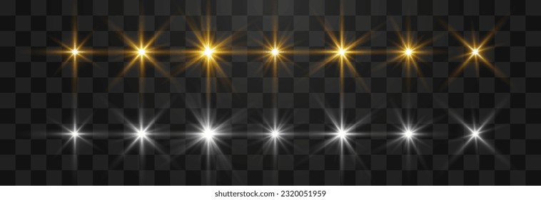 Vector transparent starlight set. Light png. Special flash light effect. Glowing light effect, bright sun, star or spotlight beams.