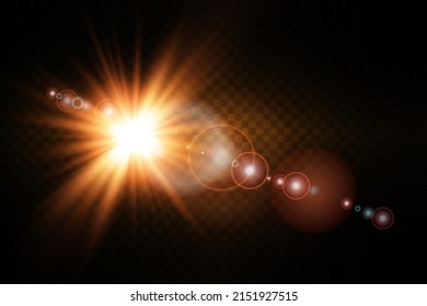 Vector transparent sun light, lens flare special effect. Solar flare with beams and spotlight