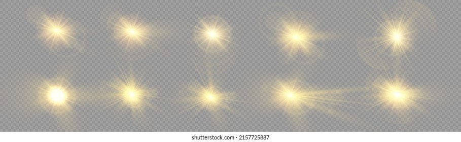 Vektor-transparente Sonnenlicht spezielle Linse Fare Lichteffekt. Sonnenfleck mit Frontlinse. Vektorunschärfe bei Strahlungslicht. Dekorelement. Horizontale Sternbalken und Scheinwerfer. Stern