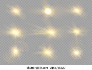 Efecto de luz especial de la lente de la luz solar transparente del vector. luz solar de la lente delantera. Desenfoque del vector con luz de radiancia. Decoración. Vigas de estrella horizontales y foco de atención. estrella