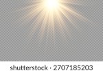 Vector transparent sunlight bright golden flash of light with rays and glare and rainbow, overlays, light, Sun, sunrays, overlays, light transitions, lens flare, light leaks. Vector illustration.