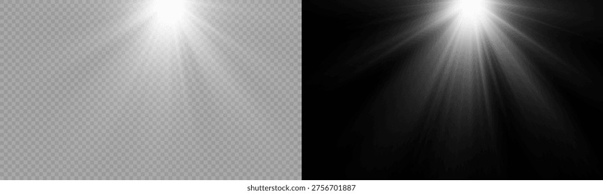 Vector transparent sunlight bright golden flash of light with rays and glare and rainbow, overlays, light, Sun, sunrays, overlays, light transitions, lens flare, light leaks. Vector illustration.