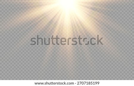 Vector transparent sunlight bright golden flash of light with rays and glare and rainbow, overlays, light, Sun, sunrays, overlays, light transitions, lens flare, light leaks. Vector illustration.