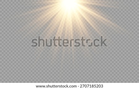 Vector transparent sunlight bright golden flash of light with rays and glare and rainbow, overlays, light, Sun, sunrays, overlays, light transitions, lens flare, light leaks. Vector illustration.