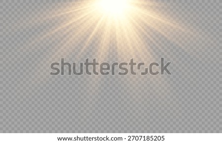 Vector transparent sunlight bright golden flash of light with rays and glare and rainbow, overlays, light, Sun, sunrays, overlays, light transitions, lens flare, light leaks. Vector illustration.