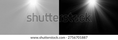 Vector transparent sunlight bright golden flash of light with rays and glare and rainbow, overlays, light, Sun, sunrays, overlays, light transitions, lens flare, light leaks. Vector illustration.