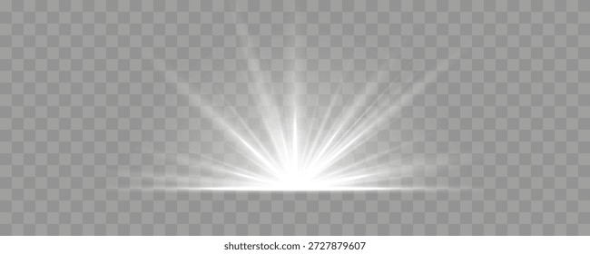 Vector transparent sunlight bright white flash of light with rays and glare. Vector illustration 10 EPS for web design. Solar flare emits Starburst shines intensely, forming vivid white core flare.
