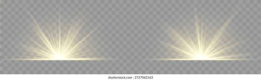 Vektor transparentes Sonnenlicht hellgelber Blitz des Lichts mit Strahlen und Blendung. Solar Fackel emittiert Vektorgrafik 10 EPS für Web-Design. Starburst strahlt intensiv und bildet eine lebendige weiße Kernfackel.
