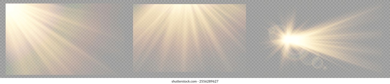 Vector transparent sunlight with lens flare effect. Overlays, overlay, light, Sun, sunrays, overlays, light transitions, lens flare, light leaks and glare in PNG format. PNG sunlight flare light effec