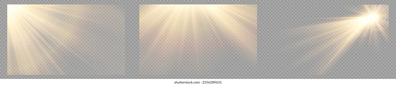 Vector transparent sunlight with lens flare effect. Overlays, overlay, light, Sun, sunrays, overlays, light transitions, lens flare, light leaks and glare in PNG format. PNG sunlight flare light effec