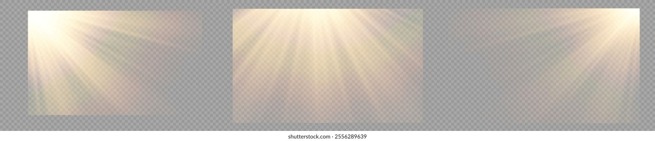 Vector transparent sunlight with lens flare effect. Overlays, overlay, light, Sun, sunrays, overlays, light transitions, lens flare, light leaks and glare in PNG format. PNG sunlight flare light effec