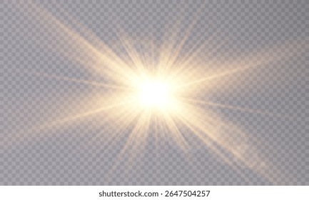 Vector transparent sunlight with lens flare effect. Overlays, light, Sun, sunrays, overlays, light transitions, lens flare, light leaks and glare in PNG format. PNG sunlight flare light.