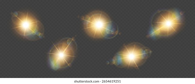 Vektortransparentes Sonnenlicht Prismenlichtreflexionseffekt mit Regenbogenfackel einzeln auf transparentem Hintergrund. Hell leuchtende Sonnenstrahlen für Design.