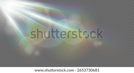Vector transparent sunlight. Prism light reflection effect with rainbow flare isolated on transparent background. Bright shining sun rays for design.