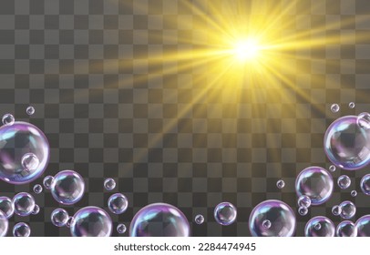 Vector transparent sunlight and realistic soap bubbles with rainbow reflection isolated on png background. Colorful soap bubbles with special flash light effect. Summer vector design element