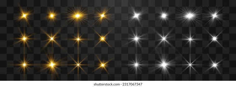 Vector transparent sunlight set. Light png. Special flash light effect. Glow light effect, bright sun or spotlight beams. Decor element isolated on transparent background.