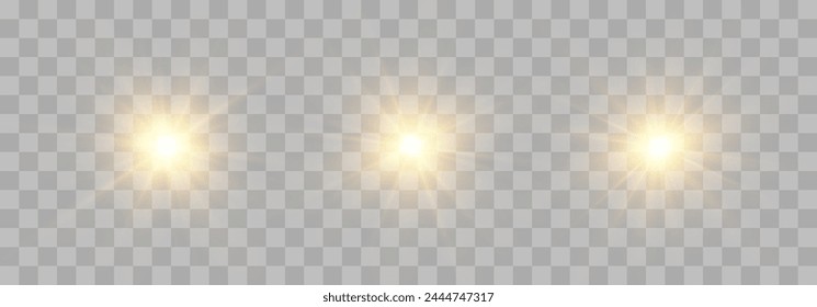 Vector transparent sunlight set, special flash light effect. Glow light effect, bright sun or spotlight beams. Light png. Decor element isolated on transparent background