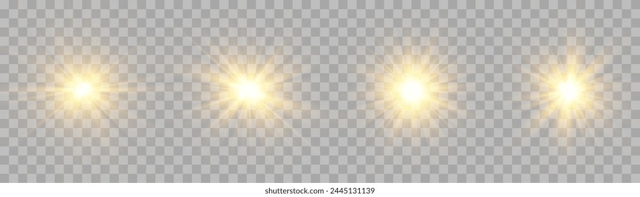 Vector transparent sunlight set, special flash light effect. Glow light effect, bright sun or spotlight beams. Light png. Decor element isolated on transparent background