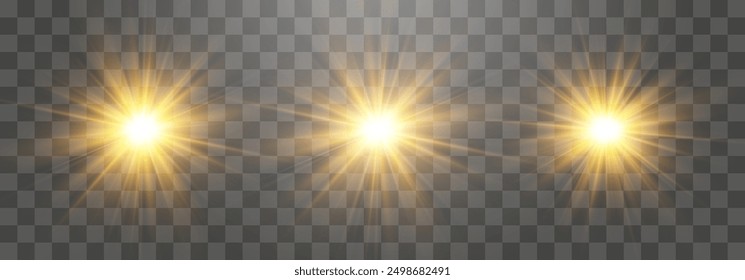 Vector transparent sunlight set, special flash light effect. Glow light effect, bright sun or spotlight beams. Light png. Decor element isolated on transparent background