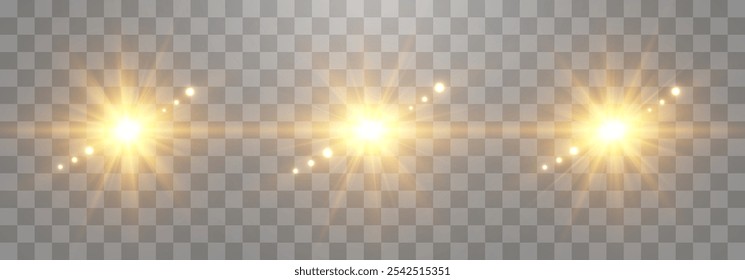 Vector de luz solar transparente, efecto de destello de lente especial. Conjunto de efectos de luz, flash de sol aislado en png