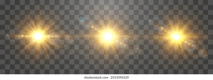 Vector transparent sunlight set, special flash light effect. Glow light effect, bright sun or spotlight beams. Light png. Decor element isolated on transparent background