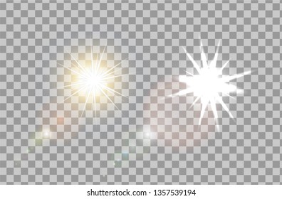 Vector transparent sunlight with special flare light effect. . Set of golden sunlight with glow light effect 