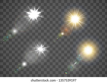 Vector transparent sunlight with special flare light effect. . Set of golden sunlight with glow light effect 