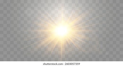 Vector transparent sunlight, special flash light effect. Glow light effect, bright sun or spotlight beams. Light png. Decor element isolated on transparent background