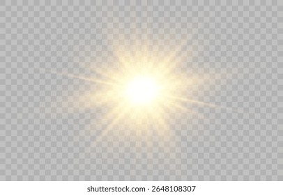 Luz solar transparente vetorial, efeito especial de luz flash. Efeito de luz de brilho, raios de sol brilhante ou holofotes. Png claro. Elemento de decoração isolado no fundo transparente