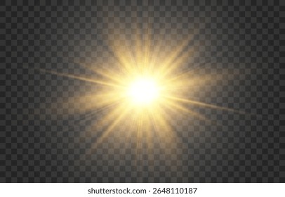 Vector transparant zonlicht, speciaal flitslicht effect. Gloeilicht effect, felle zon of schijnwerper stralen. Lichtpng. Decor element geïsoleerd op transparante achtergrond
