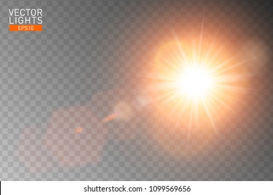 Vector transparent sunlight special lens flare. Abstract sun flash rays and spotlight. Golden front translucent special light effect design. Isolated background. Decor element. Horizontal star burst