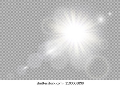 Vector transparent sunlight special lens flare light effect. Sun flash with rays and spotligh. Glow light effect. Star with sparkles on transparent background. Vector illustration. Sun