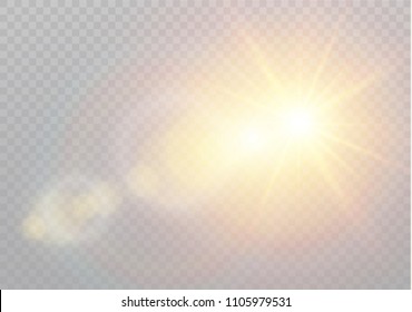 Vector transparent sunlight special lens flash light effect.front sun lens flash. Vector blur in the light of radiance. Element of decor. Horizontal stellar rays and searchlight