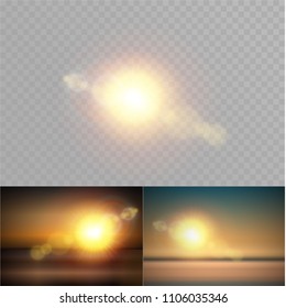 Vector transparent sunlight special lens flash light effect.front sun lens flash. Vector blur in the light of radiance. Element of decor.sunrise over ocean