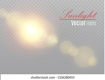Vector transparent sunlight special lens flash light effect.front sun lens flash. Vector blur in the light of radiance. Element of decor.