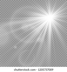 Vector transparent sunlight special lens flash light effect.front sun lens flash. Vector blur in the light of radiance. Element of decor. Horizontal stellar rays and searchlight.