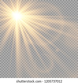 Vector transparent sunlight special lens flash light effect.front sun lens flash. Vector blur in the light of radiance. Element of decor. Horizontal stellar rays and searchlight.